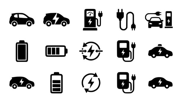Electric car and battery charging station icon set featuring hybrid vehicle silhouettes power plugs renewable energy signs and wallbox charger vectors
