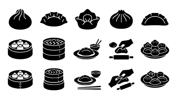 Traditional Asian dim sum icon set featuring steamed baozi buns gyoza dumplings bamboo steamers rolling pin cooking preparation and dipping sauce vector silhouettes