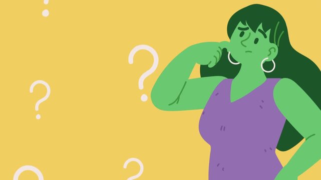 Animation of thoughtful green woman with question marks floating on yellow background in flat vector style.