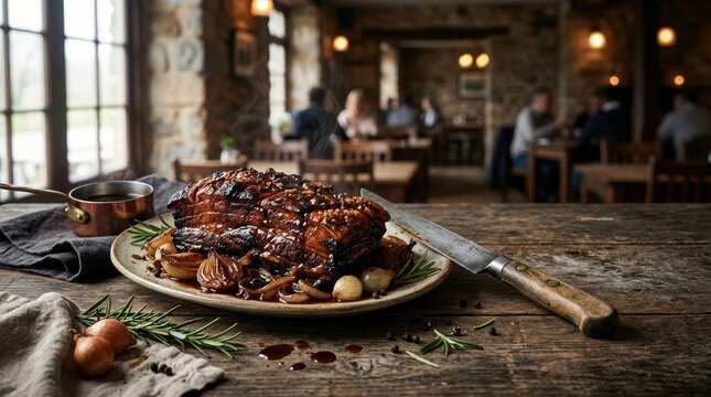 Slow cooked pork meat roast with caramelized onions and rosemary on a rustic table in a bistro setting