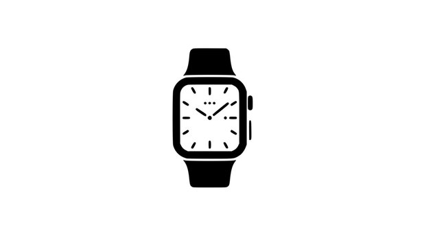 Smartwatch vector icon with analog clock face display screen and black rubber strap flat silhouette illustration for technology design