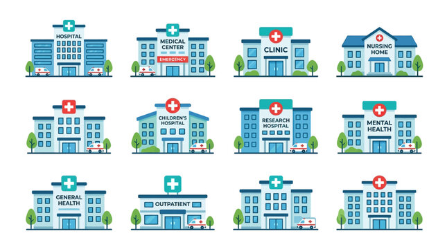 Various Hospital and Healthcare Building Icons Flat Design