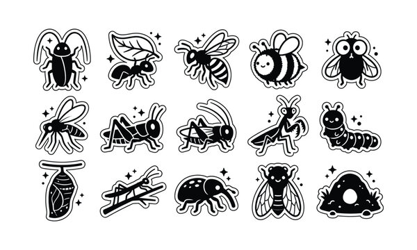 Diverse collection of black and white line art insects and bugs for design projects.