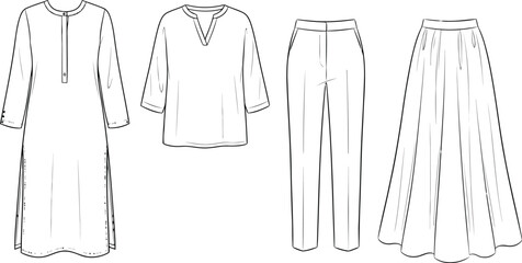 Fototapeta premium Set of women clothing fashion sketches including a long tunic dress blouse trousers and a flowy skirt in black and white line art style for garment design