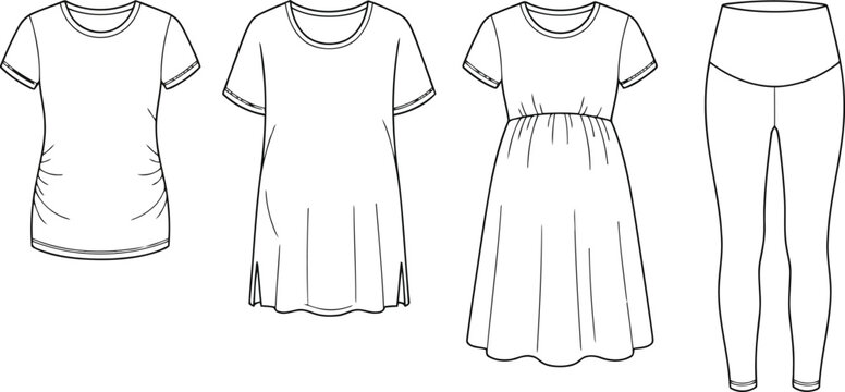 Set of maternity clothes including t-shirt, tunic, dress and leggings in simple black and white line art vector style for fashion design and apparel templates