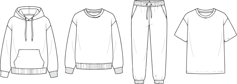Set of casual clothing fashion technical sketches including a hoodie sweatshirt jogger pants and t-shirt for apparel design development and manufacturing process
