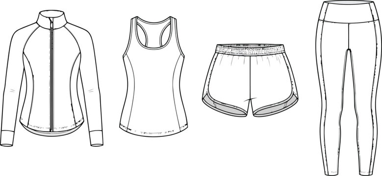 Set of women gym fitness clothes including zip up jacket tank top running shorts and leggings in black and white line art flat fashion sketch technical drawing