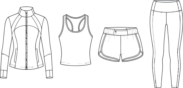 Set of womens sportswear clothing technical fashion sketches including jacket tank top running shorts and leggings for gym workout apparel design and manufacturing