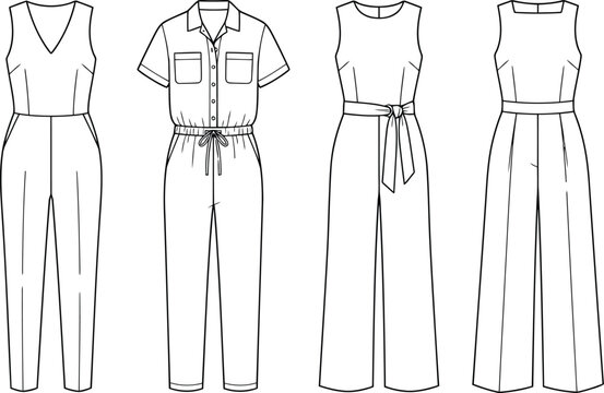 Set of four fashion technical sketches of women's jumpsuits and overalls with different necklines and styles for clothing design and fashion industry production