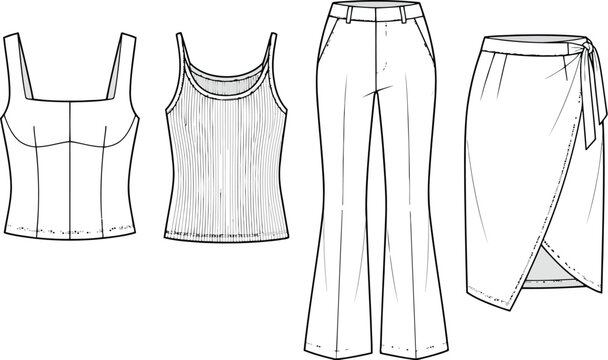Fashion clothing collection set featuring a square neck top, ribbed tank top, wide leg trousers and a wrap skirt for modern women apparel design and technical drawing