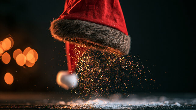 Rote Weihnachtsm&uuml;tze mit Fellbesatz zerplatzt in Funken vor dunklem Hintergrund mit Bokeh, dramatisch f&uuml;r Weihnachtswerbung und Festtagsbanner.