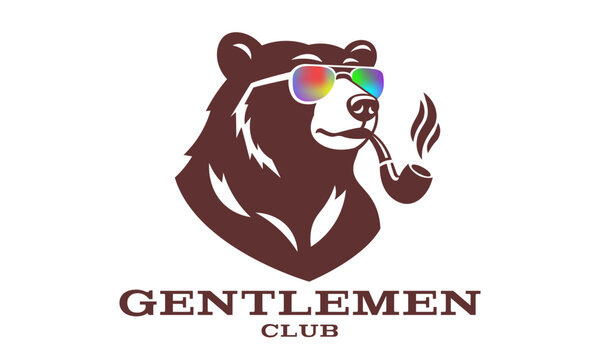 Vector logo. Simple graphic portrait of brown bear with smoking pipe and brightly colored sunglasses. Isolated background. Gentleman. Club. Corporate style. Very important person. Logotype or emblem