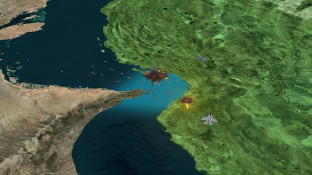 Strait of Hormuz Map Animation. Strategic Waterway Between Iran and Oman. Animated map visualization of the Strait of Hormuz, maritime passage connecting the Persian Gulf