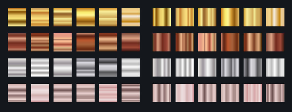 Metallic gradients collection set, gold, bronze, silver, rose gold metallic swatches for illustrator, shiny texture palette collection on dark background