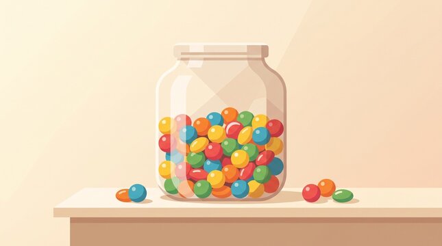 Transparent jar filled with colorful assorted candies and loose sweets, clean flat design for confectionery shops, packaging concepts, candy advertising, and food branding.
