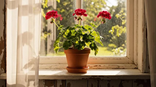 Serene Red Geranium Plant in Brown Terracotta Pot on a Sunny Window Sill with a Sheer Curtain for Peaceful Relaxation