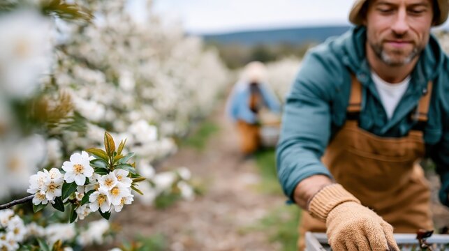 A focused man works in a blooming apple orchard, symbolizing hard work, connection to nature, and the labor of love that brings forth beautiful fruit and flowers.