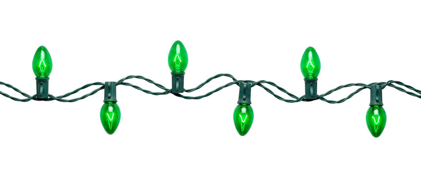 Green Christmas lights isolated on transparent background