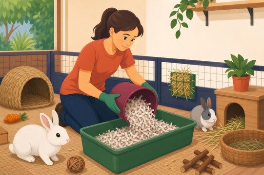 Volunteer preparing a digging box with shredded paper, creating enrichment for shelter rabbits in their indoor habitat