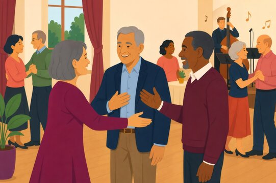 Older widower attending first social dance alone, finding new connections and overcoming loneliness in a vibrant community