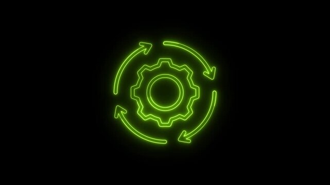 Glowing green neon gear icon with circular arrows representing continuous process and technical optimization