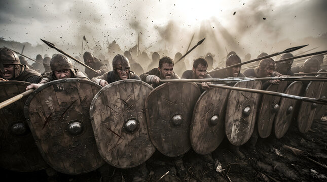 A dramatic and intense cinematic illustration of medieval soldiers in helmets and chainmail forming a tight defensive shield wall with wooden round shields and spears on a muddy, smoke-filled battl...