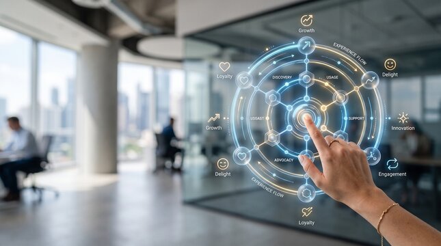 Hand touching futuristic holographic interface in modern office, contactless technology touch screen, digital data network concept, smart computing display, business innovation technology