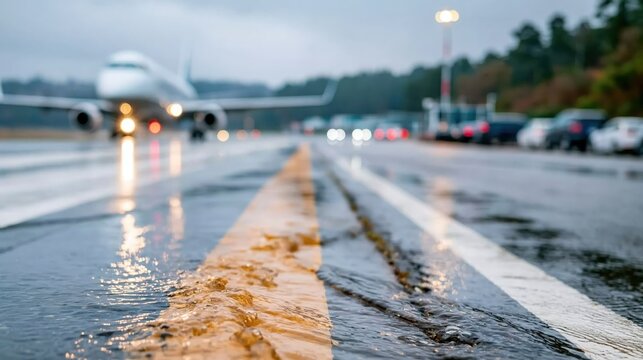A blurred perspective of a wet runway with an airplane in the background, capturing the essence of travel and the challenges of weather conditions for aviation.