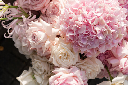 Close up of elegant bouquet with pink hydrangea and tender roses