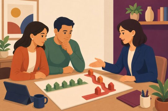 Couple discussing fixed and variable mortgage loan options with a financial advisor, comparing housing market risks