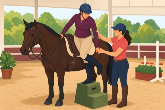 Equestrian coach guiding a rider in safe dismounting from a horse using a step stool in a riding arena