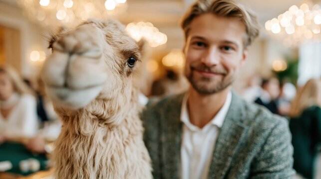 A cheerful man poses with a friendly camel in a lively venue, illustrating an adventurous spirit and a lighthearted approach to interaction between humans and animals.