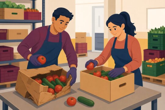 Warehouse team repacking fresh produce, transferring tomatoes and cucumbers from damaged carton to new box