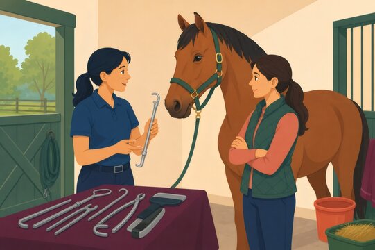 Veterinarian explaining horse dental floating equipment to an owner for proper equine health and safe care in a stable