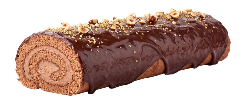 Chocolate swiss roll cake isolated on transparent background