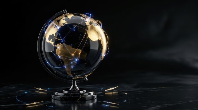 Luxury Obsidian Globe with Gold Continent and Glowing Fiber Optic Network
