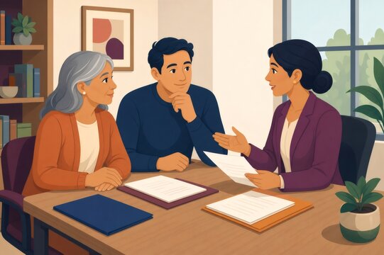 Professional advisor discussing legal documents with senior woman and adult son, planning for future power of attorney