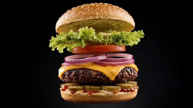 Cheeseburger Exploded View Ingredients and Reassembly Animation on Black Background