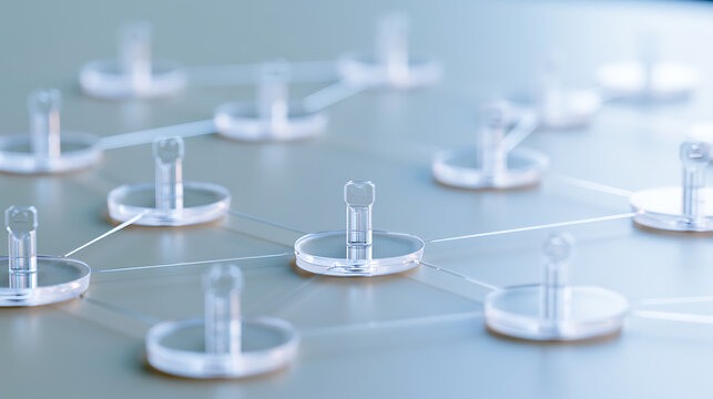 Abstract global business network concept with glass figures linked together on surface, representing communication, data connection, and team