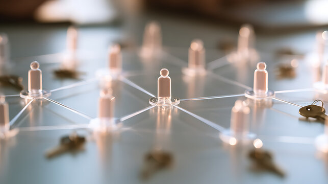 Business network concept with miniature human figures connected by lines and keys on a glass table for corporate strategy and teamwork view