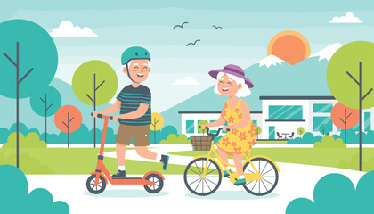 Naklejka premium Active elderly couple enjoying their retirement by riding a kick scooter and a bicycle in a beautiful park with mountains behind them.