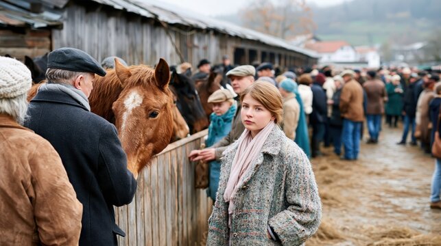 A bustling outdoor scene captures a mixed crowd of people interacting with horses at a farm auction, conveying a sense of community and agricultural passion.