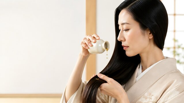 Traditional Japanese Camellia Oil Hair Care Ritual for Long Glossy Hair