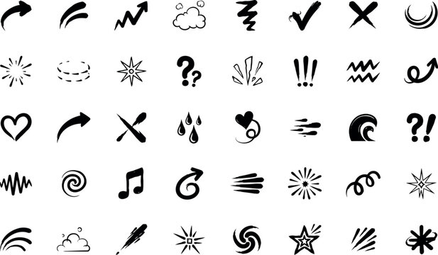 Line movement effect element, cartoon emotion effect decoration icon. Hand drawn cute doodle line element arrow, emphasis, shock, sparkle. Anime movement, express shape. Vector illustration