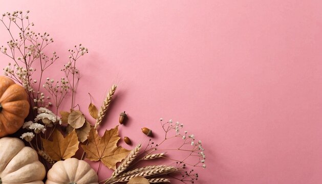 Thanksgiving flat lay, dusty rose pink background, cream and muted orange pumpkins