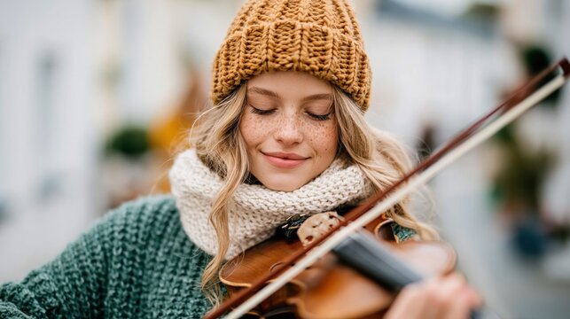 A joyful violinist plays melodious tunes with a smile, dressed warmly in a cozy outfit, embodying passion and creativity against a vibrant urban background.