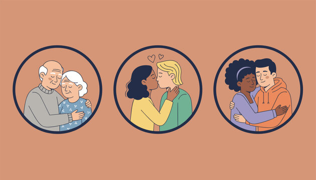 Three circular portraits illustrating diverse couples in love representing different ages, races, and relationships.