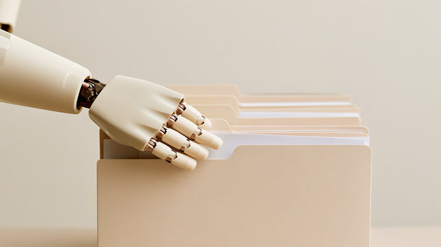 A robotic hand organize paper document inside a file folder on office desk, representing data management, automation, and tech work concept