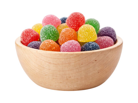Bowl of colorful gumdrop candies isolated on transparent background