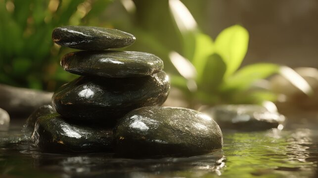 Stack of Smooth Grey Basalt Stones in Water with Green Foliage Background